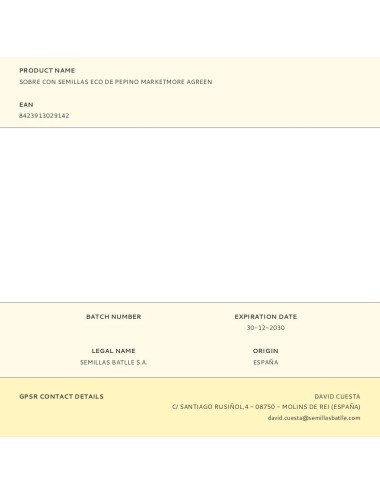 Sobre con semillas eco de pepino marketmore agreen