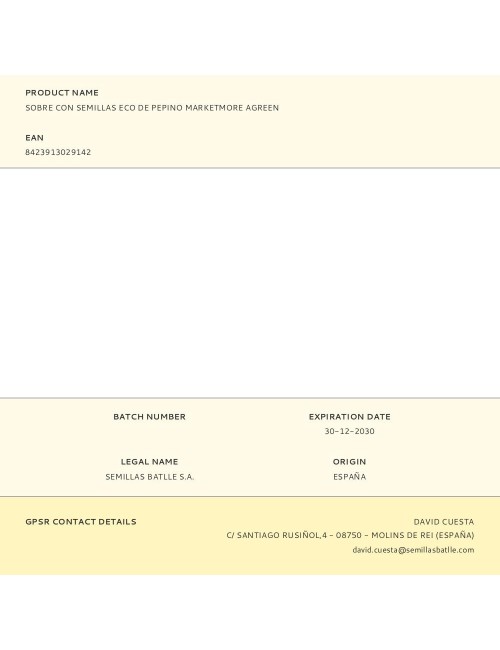 Sobre con semillas eco de pepino marketmore agreen