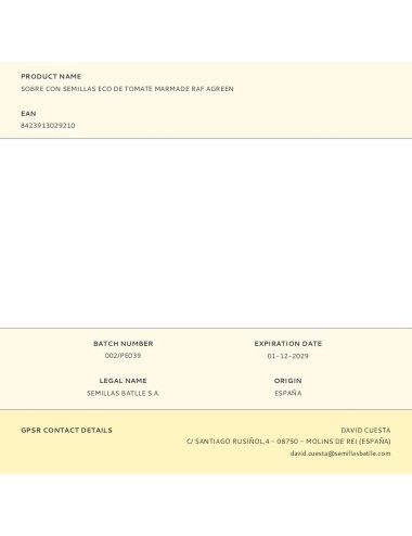 Sobre con semillas eco de tomate marmade raf agreen