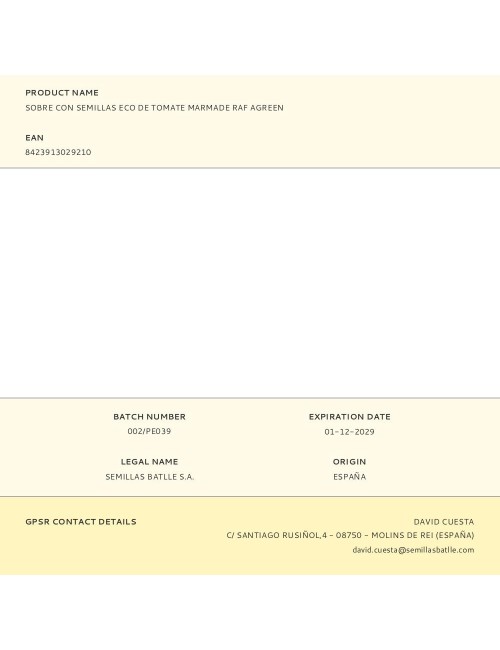 Sobre con semillas eco de tomate marmade raf agreen