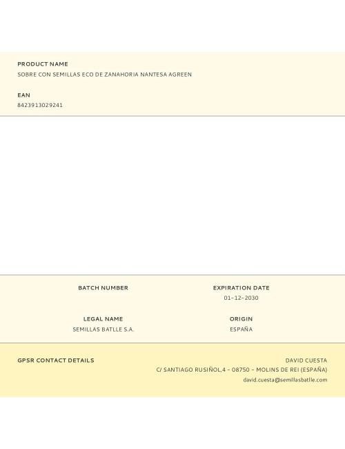 Sobre con semillas eco de zanahoria nantesa agreen