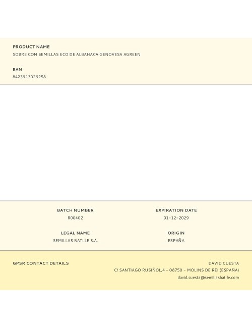 Sobre con semillas eco de albahaca genovesa agreen