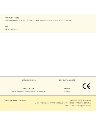 Enrollacables 16 m 3 g 1,50 mm 1 toma bipolar con t/tl automatico 4,8 mm