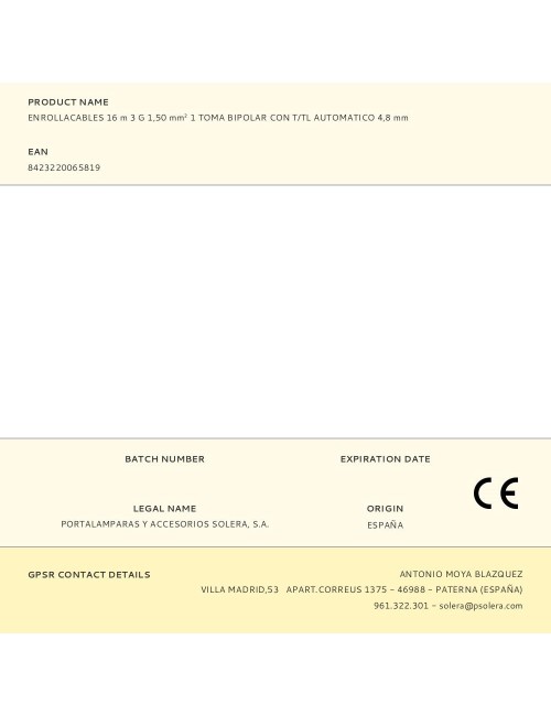 Enrollacables 16 m 3 g 1,50 mm 1 toma bipolar con t/tl automatico 4,8 mm