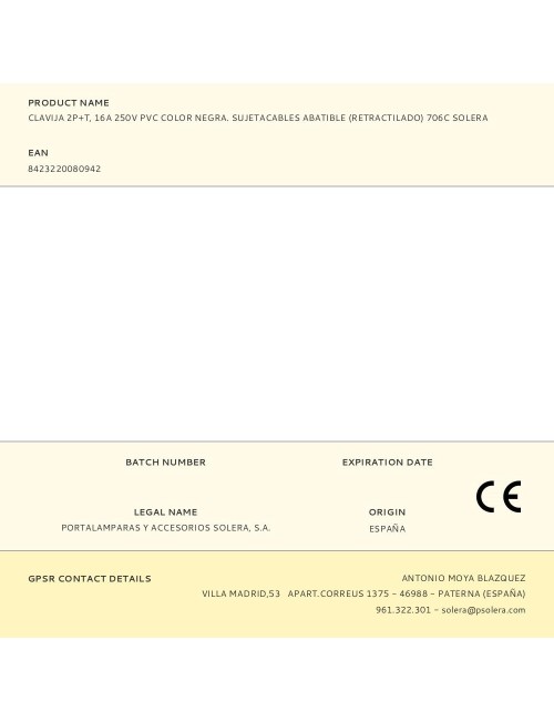 Clavija 2p+t, 16a 250v pvc color negra. sujetacables abatible (retractilado) 706c solera