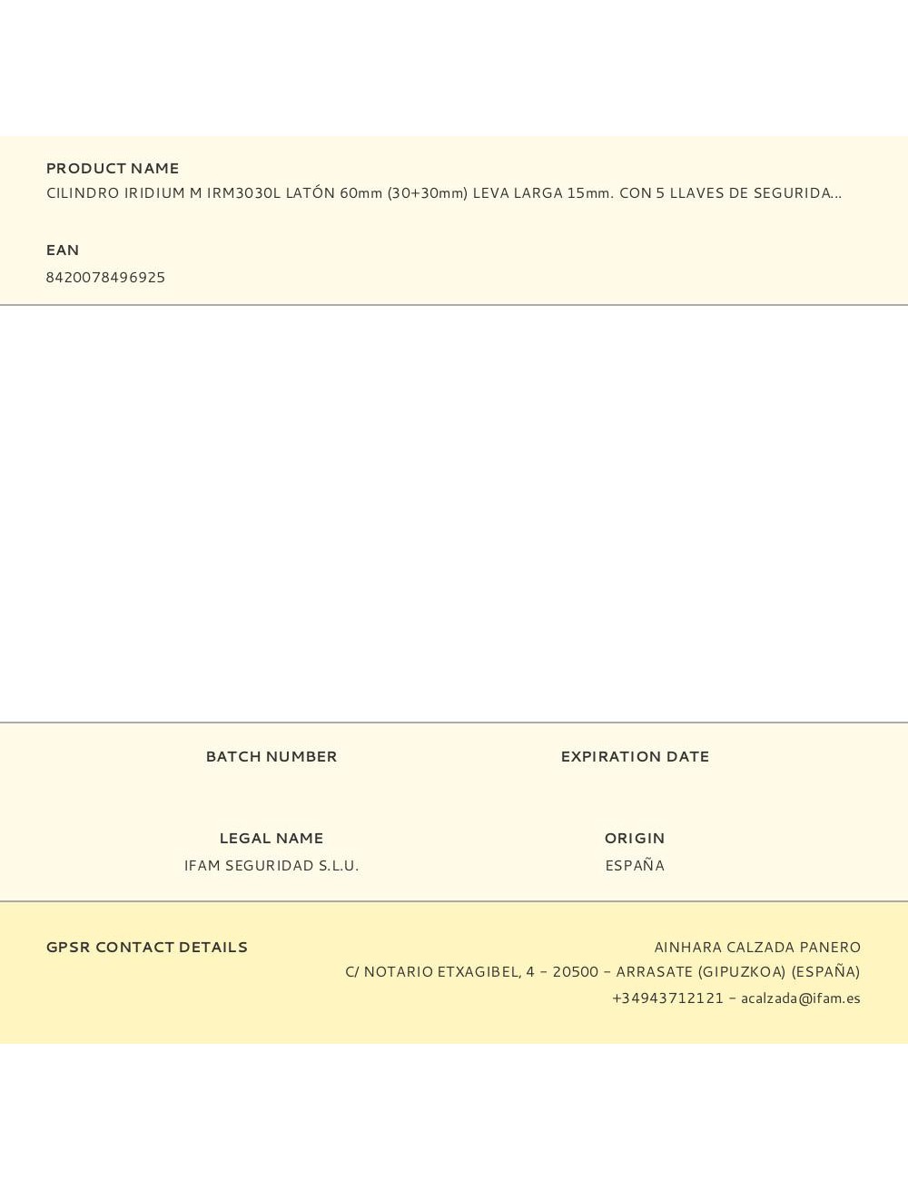 Cilindro iridium m irm3030l latón 60mm (30+30mm) leva larga 15mm. con 5 llaves de seguridad. ifam