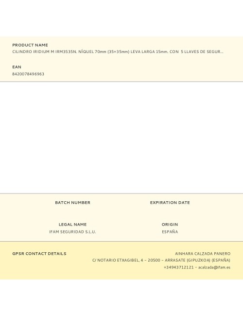 Cilindro iridium m irm3535n. níquel 70mm (35+35mm) leva larga 15mm. con 5 llaves de seguridad. ifam