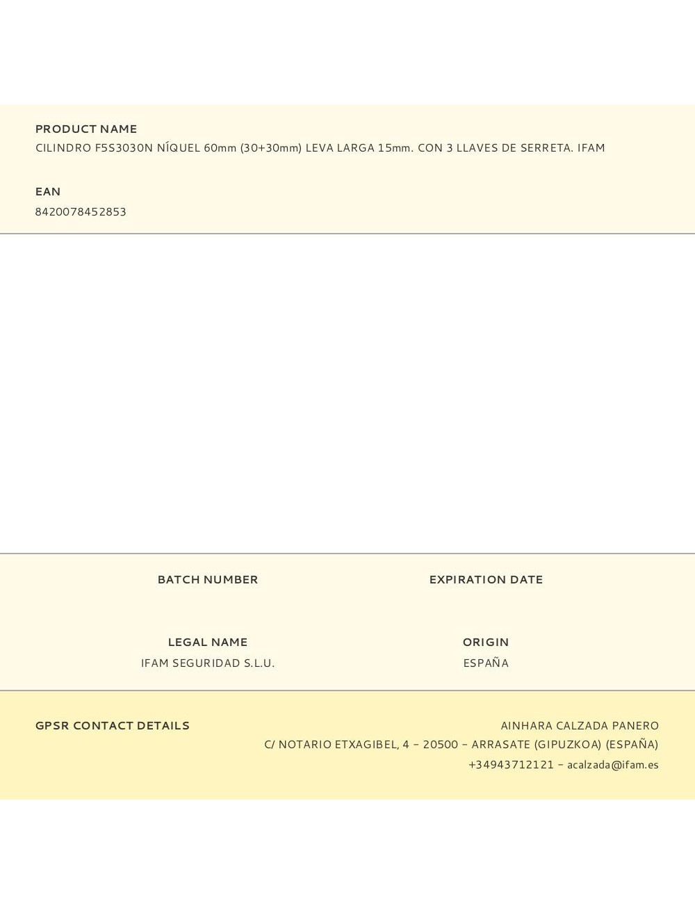 Cilindro f5s3030n níquel 60mm (30+30mm) leva larga 15mm. con 3 llaves de serreta. ifam