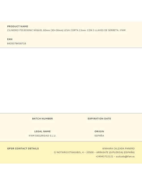Cilindro f5s3030nc níquel 60mm (30+30mm) leva corta 13mm. con 3 llaves de serreta. ifam