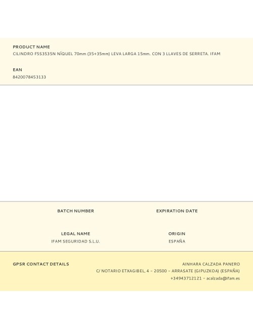 Cilindro f5s3535n níquel 70mm (35+35mm) leva larga 15mm. con 3 llaves de serreta. ifam