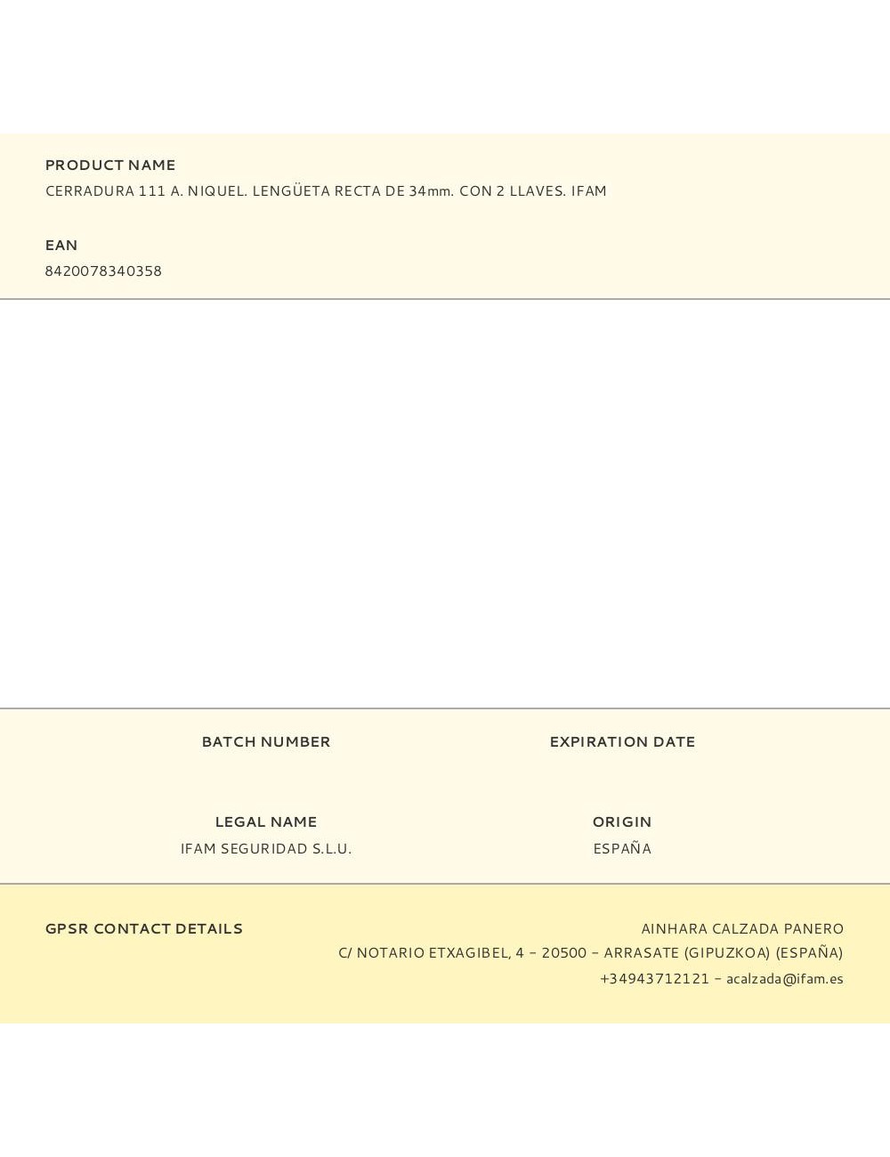 Cerradura 111 a. niquel. lengüeta recta de 34mm. con 2 llaves. ifam