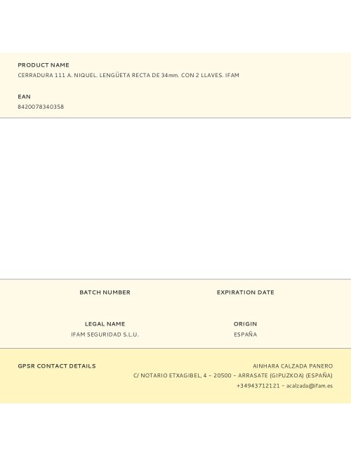 Cerradura 111 a. niquel. lengüeta recta de 34mm. con 2 llaves. ifam