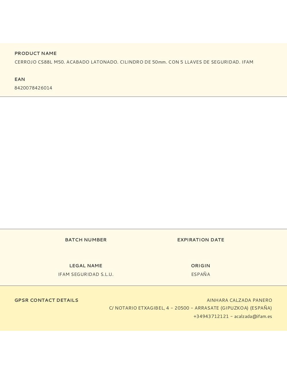 Cerrojo cs88l m50. acabado latonado. cilindro de 50mm. con 5 llaves de seguridad. ifam