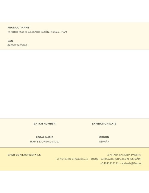 Escudo es610l acabado latón. ø64mm. ifam