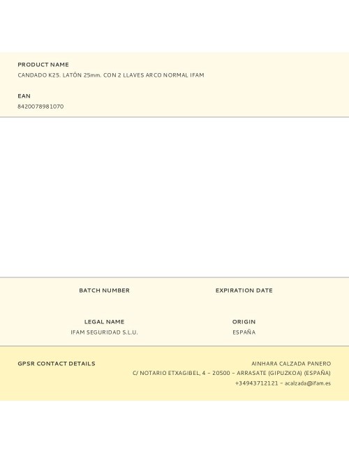 Candado k25. latón 25mm. con 2 llaves arco normal ifam