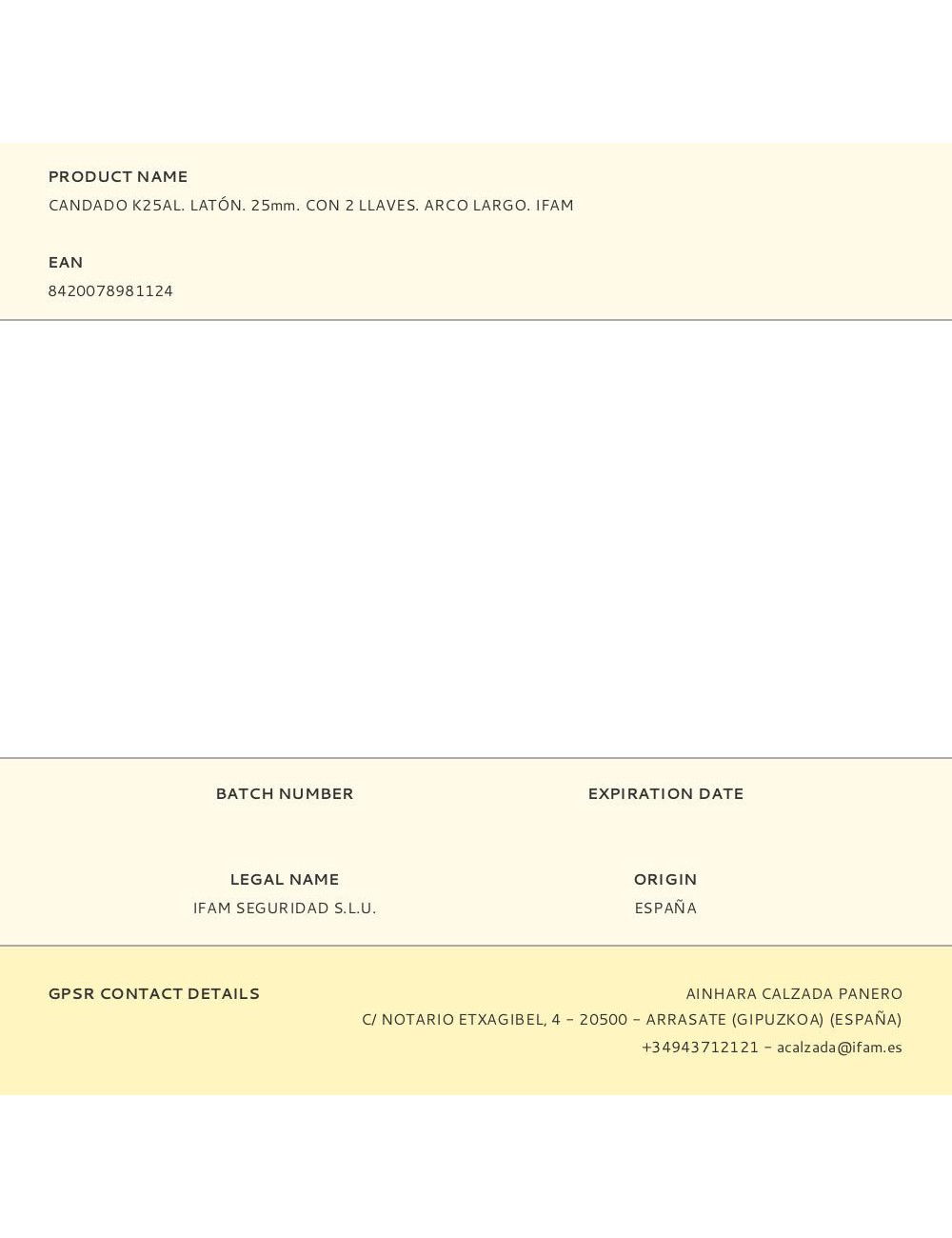 Candado k25al. latón. 25mm. con 2 llaves. arco largo. ifam