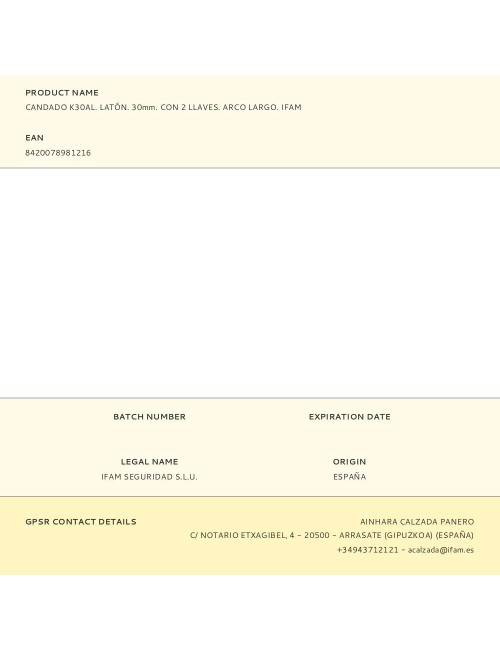 Candado k30al. latón. 30mm. con 2 llaves. arco largo. ifam