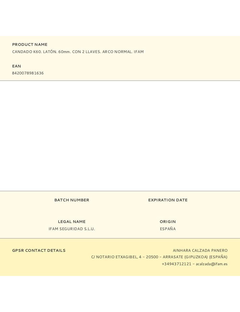 Candado k60. latón. 60mm. con 2 llaves. arco normal. ifam