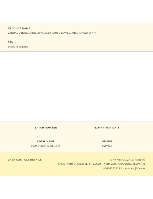 Candado inoxidable 30al 30mm con 2 llaves. arco largo. ifam