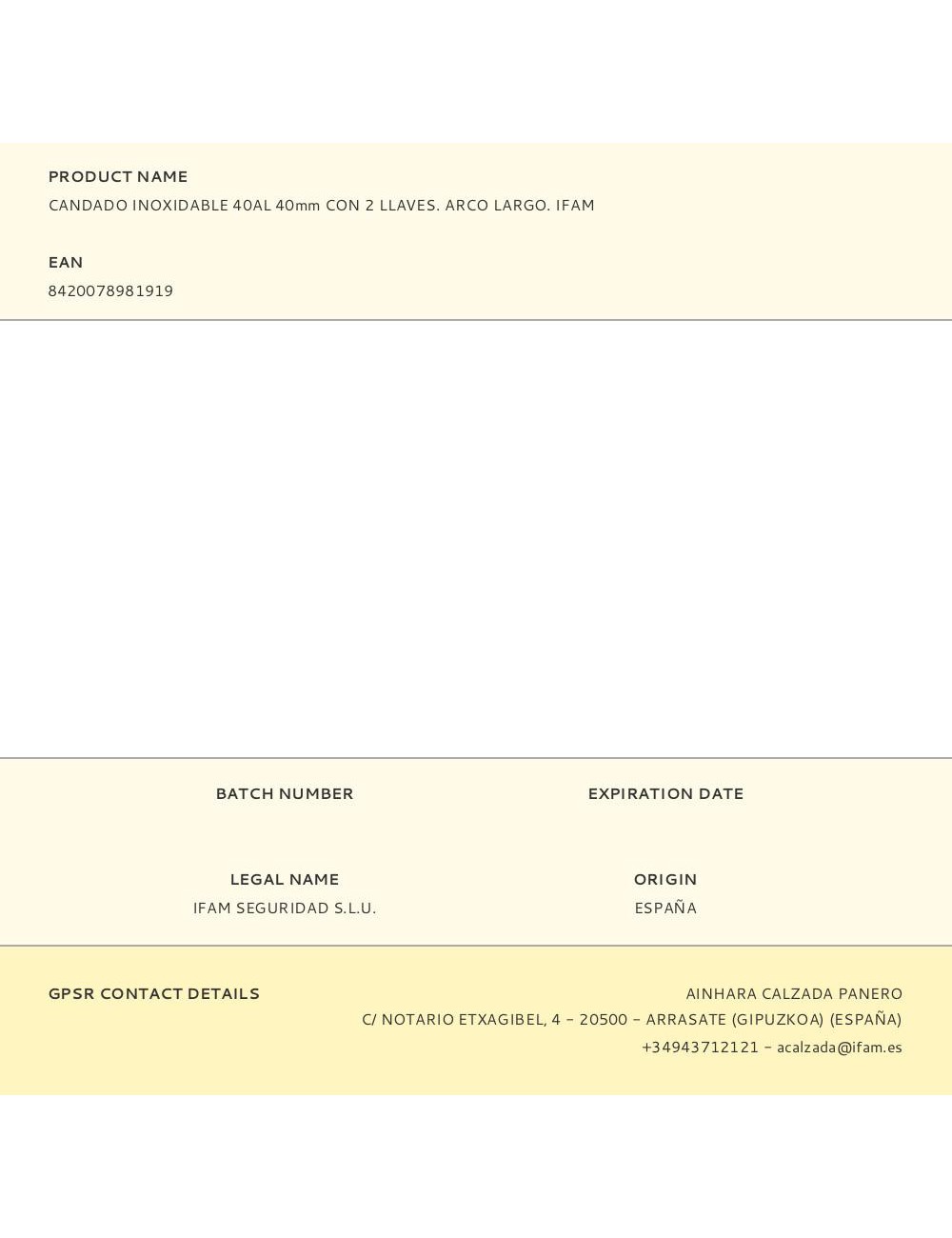 Candado inoxidable 40al 40mm con 2 llaves. arco largo. ifam