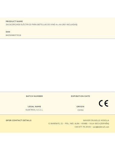 Sacacorchos eléctrico para botellas de vino 4 x aa (no incluidas)