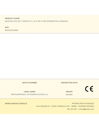 Base múltiple de 3 tomas 2p+t, 16 a 250 v con interruptor luminoso.