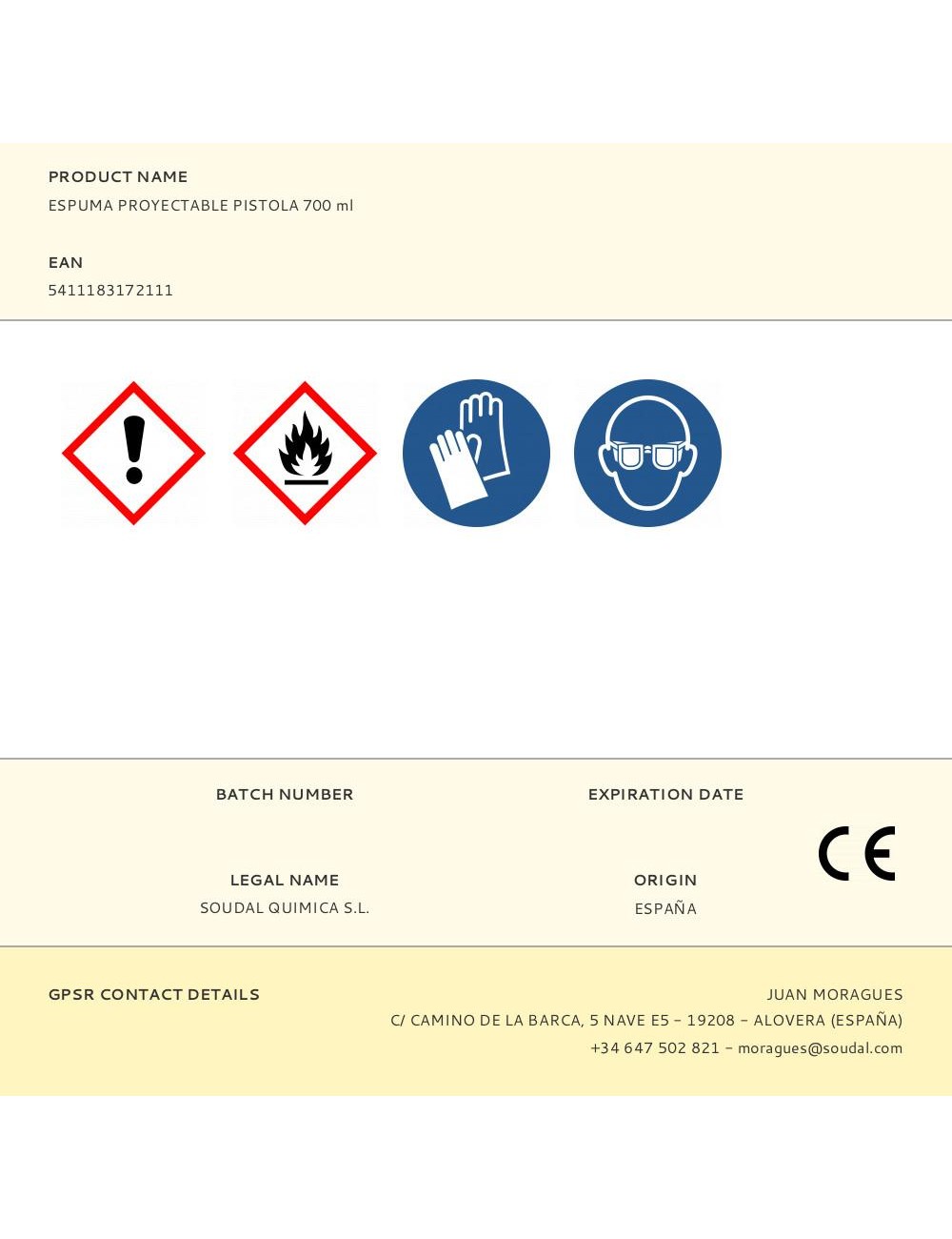 Espuma proyectable pistola 700 ml