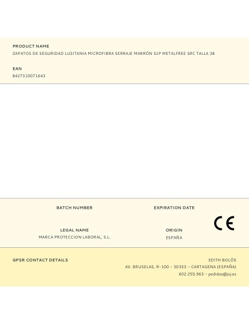 Zapatos de seguridad lusitania microfibra serraje marrón s1p metalfree src talla 38