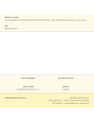 Pata cilíndrica de acero en color cromo mate mod. 401g. dimensiones ø3x10cm 2-401g.100.38 rei
