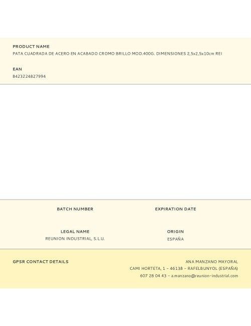 Pata cuadrada de acero en acabado cromo brillo mod.400g. dimensiones 2,5x2,5x10cm rei