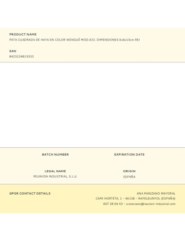 Pata cuadrada de haya en color wengué mod.433. dimensiones 6x6x10cm rei