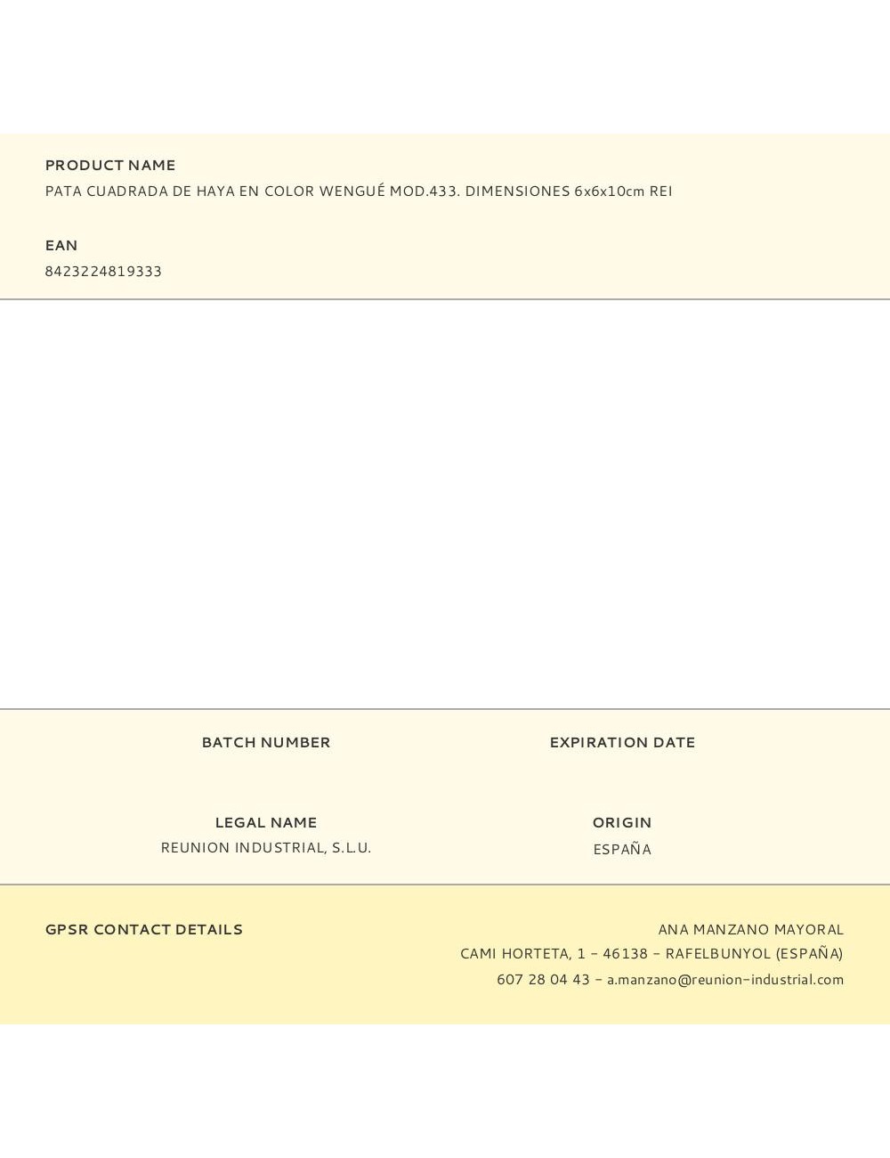 Pata cuadrada de haya en color wengué mod.433. dimensiones 6x6x10cm rei