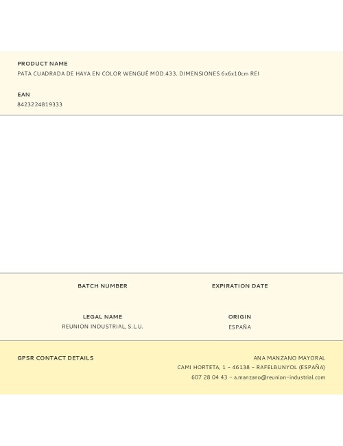 Pata cuadrada de haya en color wengué mod.433. dimensiones 6x6x10cm rei