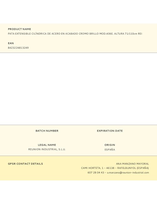 Pata extensible cilíndrica de acero en acabado cromo brillo mod.406e. altura 71/110cm rei
