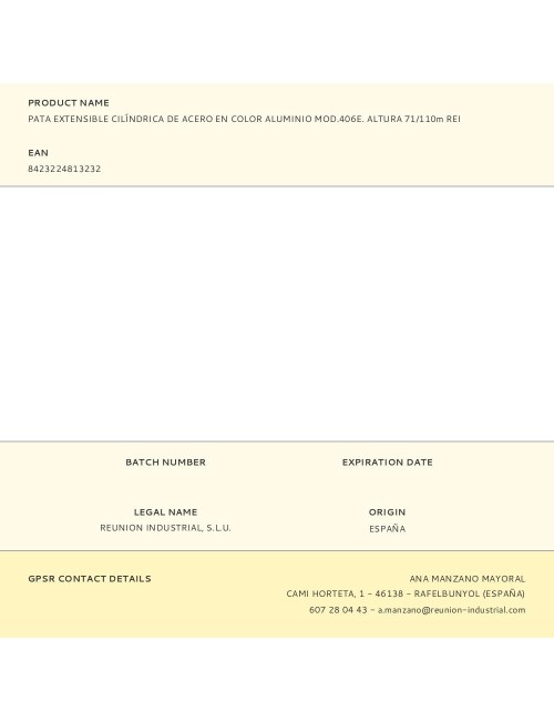 Pata extensible cilíndrica de acero en color aluminio mod.406e. altura 71/110m rei