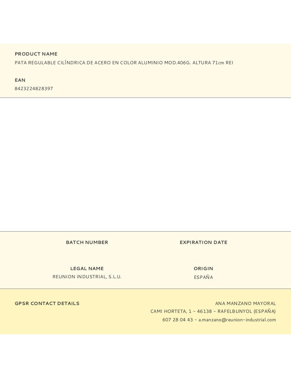 Pata regulable cilíndrica de acero en color aluminio mod.406g. altura 71cm rei