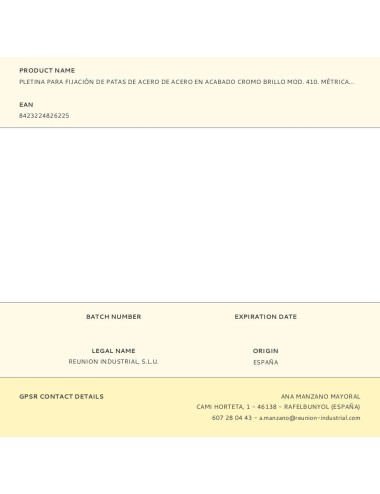 Pletina para fijación de patas de acero de acero en acabado cromo brillo mod. 410. métrica 10mm rei