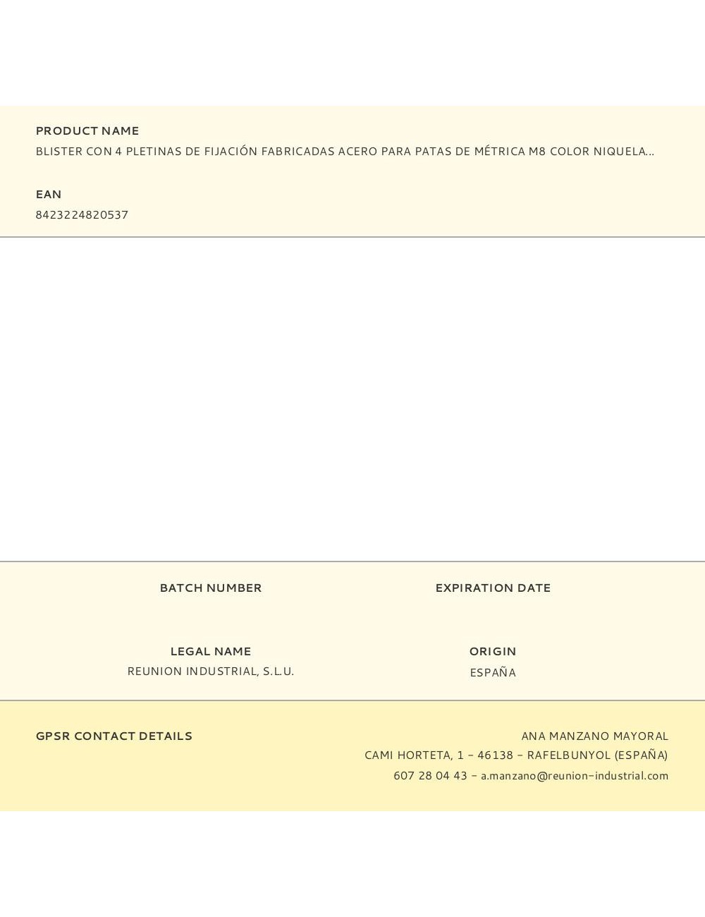 Blister con 4 pletinas de fijación fabricadas acero para patas de métrica m8 color niquelado zincado mod. 484. altura 7mm rei