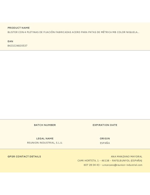 Blister con 4 pletinas de fijación fabricadas acero para patas de métrica m8 color niquelado zincado mod. 484. altura 7mm rei