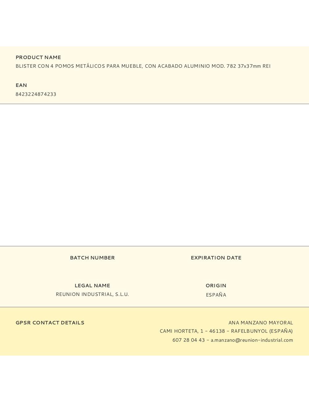 Blister con 4 pomos metálicos para mueble, con acabado aluminio mod. 782 37x37mm rei