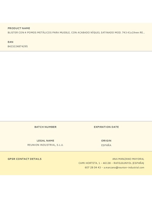 Blister con 4 pomos metálicos para mueble, con acabado níquel satinado mod. 743 41x19mm rei