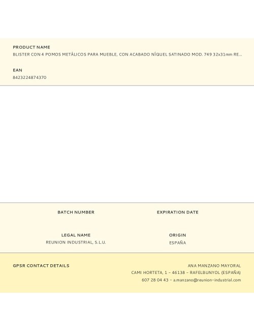 Blister con 4 pomos metálicos para mueble, con acabado níquel satinado mod. 749 32x31mm rei