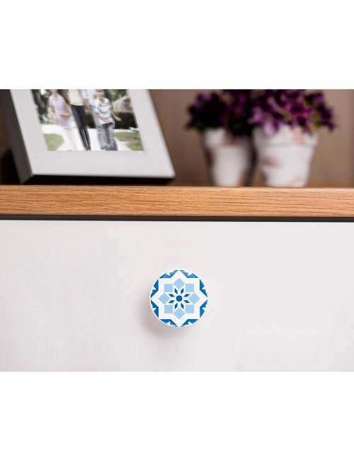 Blister con 4 pomos redondos para mueble fabricado en madera acabado azul mod. e242 ø38mm rei