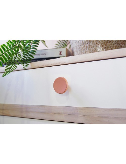 Blister con 2 pomos redondos para mueble fabricado en zamak acabado oro rosso mate mod 774 ø35mm rei