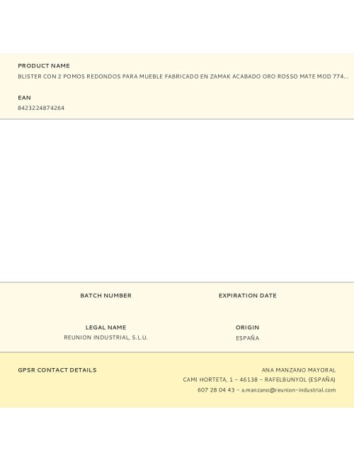Blister con 2 pomos redondos para mueble fabricado en zamak acabado oro rosso mate mod 774 ø35mm rei