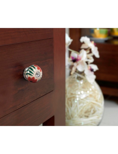 Blister con 4 pomos redondos para mueble fabricado en porcelana acabado flor rojo mod. e500 ø40mm rei