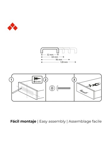 Blister con 4 tiradores de mueble tipo asa fabricado en zamak acabado níquel satinado mod. 153 entrepuntos 96mm rei