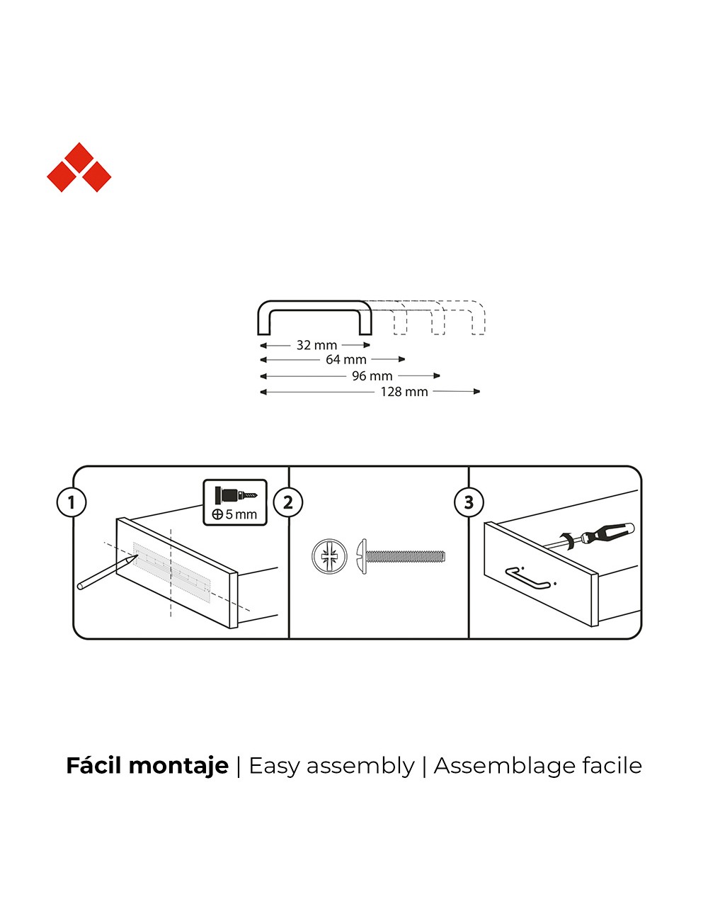 Blister con 4 tiradores de mueble tipo asa fabricado en zamak acabado níquel satinado mod. 153 entrepuntos 96mm rei