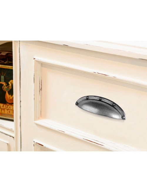 Blister con 4 tiradores tipo concha fabricado en zamak acabado plata vieja mod. 2004 entrepuntos 64mm rei