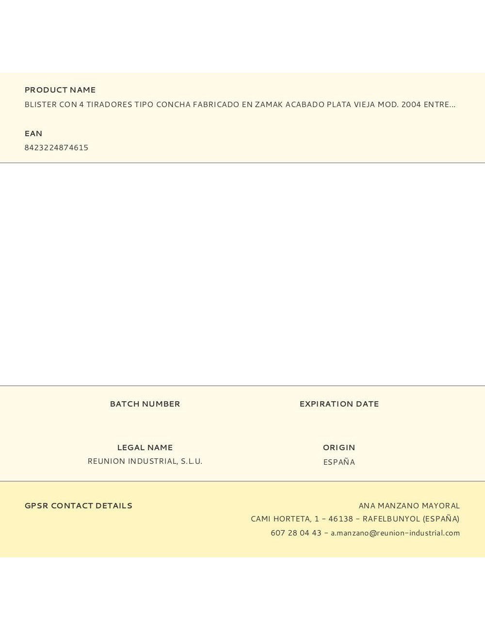 Blister con 4 tiradores tipo concha fabricado en zamak acabado plata vieja mod. 2004 entrepuntos 64mm rei